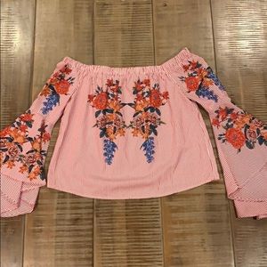 Floral striped off the shoulder blouse